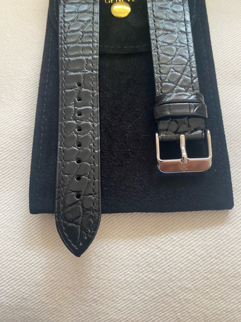 Patek Philippe Black CrocEmbossed Leather Watch Strap With Silver Buckle 20mm